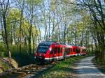 Die Sonne blinzelt nahe der Fürther Westvorstadt durch die Bäume hindurch, während ein VT 648 auf der Rangaubahn als RB von Fürth (Bay) Hbf nach Cadolzburg unterwegs ist.